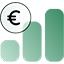 A green and white bar graph with a euro sign
