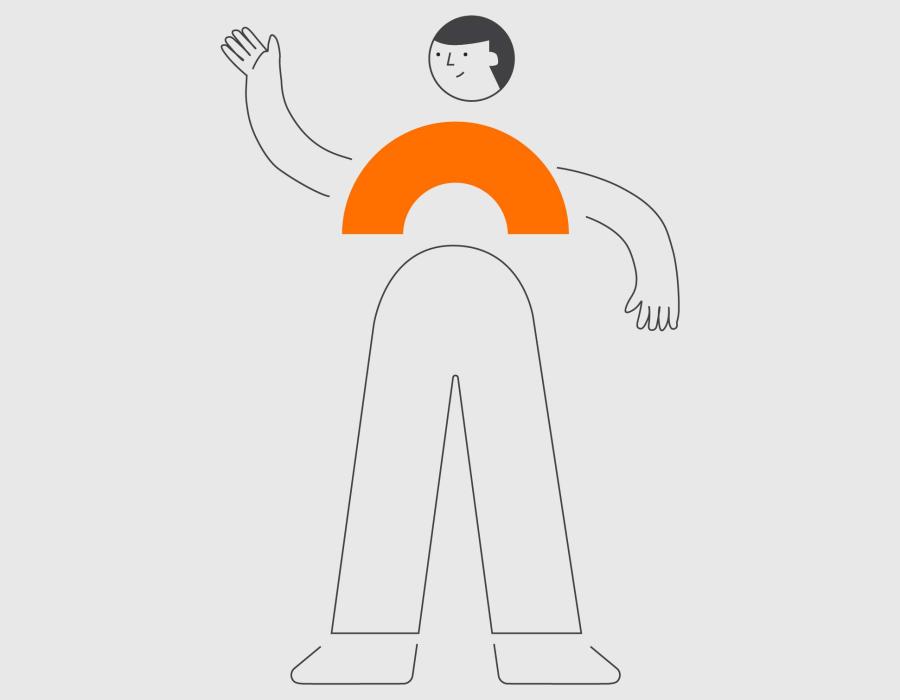 A person with a orange top and black hair